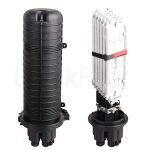 vertical dome fiber enclosure, supports up to 144 cores, waterproof IP68 splice closure for outdoor fiber cable protection, ideal for aerial, wall, and underground installations in telecom networks.