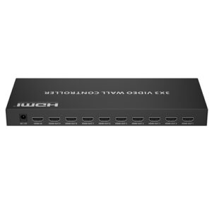 Video Wall HDMI Controller 3x3, 1-in-9-out, supports 4K@60Hz resolution, multiple splicing modes, 180-degree rotation, audio outputs, RS-232 control, ideal for surveillance and public display setups