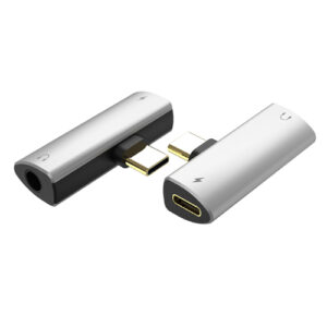 Type-C adapter UAD-210 with 3.5mm audio and charging port, supports mic, speaker, and 5V2A charging.