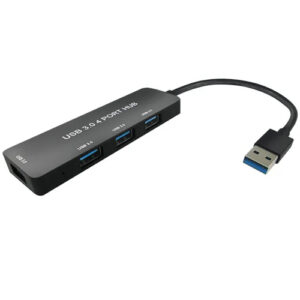 USB 3.0 to 4-port hub converter with plug-and-play support and 5Gbps data transfer speed.