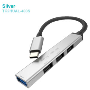 Type C 4-port USB hub with aluminum casing, includes 1 USB 3.0 and 3 USB 2.0 ports, plug-and-play