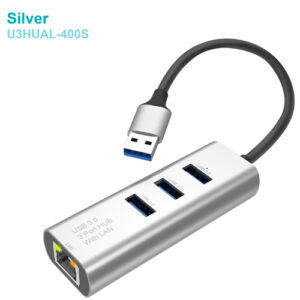 USB 3.0 hub with 3 USB ports and RJ45 LAN connection for fast internet, compatible with various operating systems