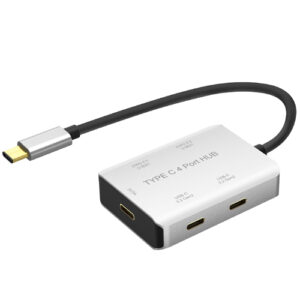 High-speed 10Gbps Type C hub with 4 USB ports for data transfer, compatible with multiple operating systems
