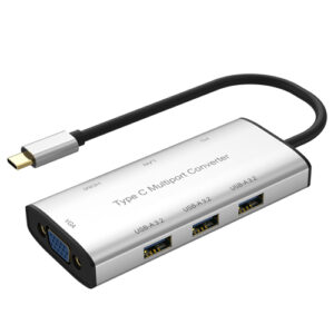 7-in-1 Type C hub with HDMI, VGA, USB ports, LAN, and PD charging, supports dual display and fast data transfer